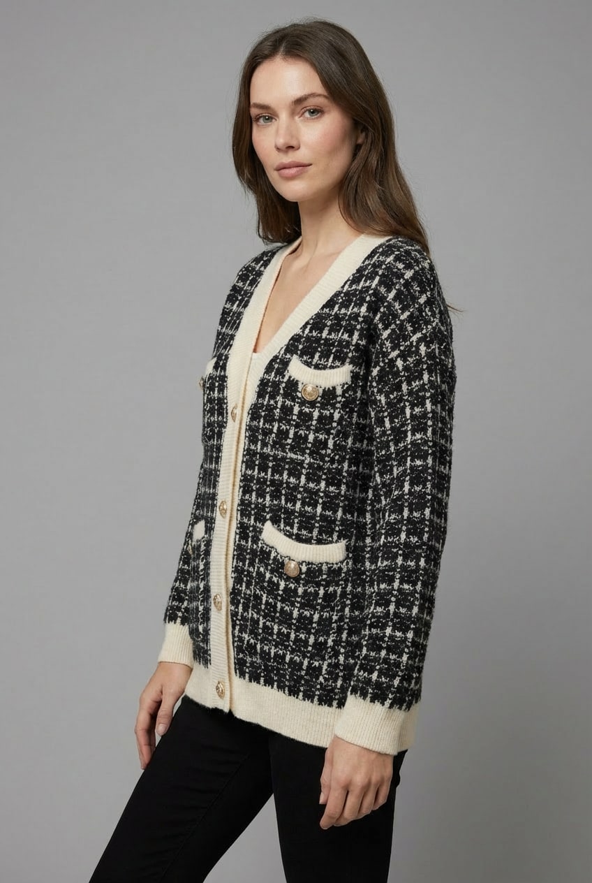 CRISTAL | TWEED-STYLE V-NECK CARDIGAN - Black