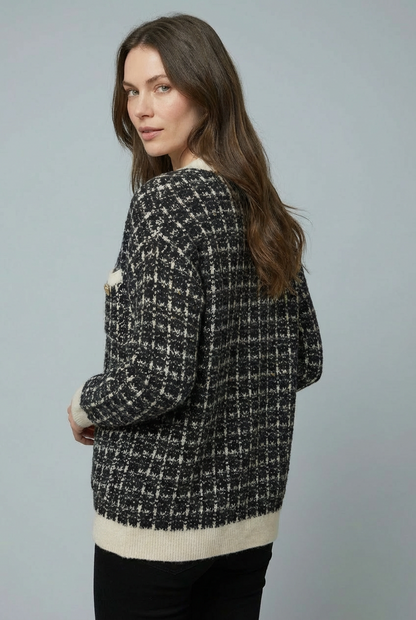 CRISTAL | TWEED-STYLE V-NECK CARDIGAN - Black