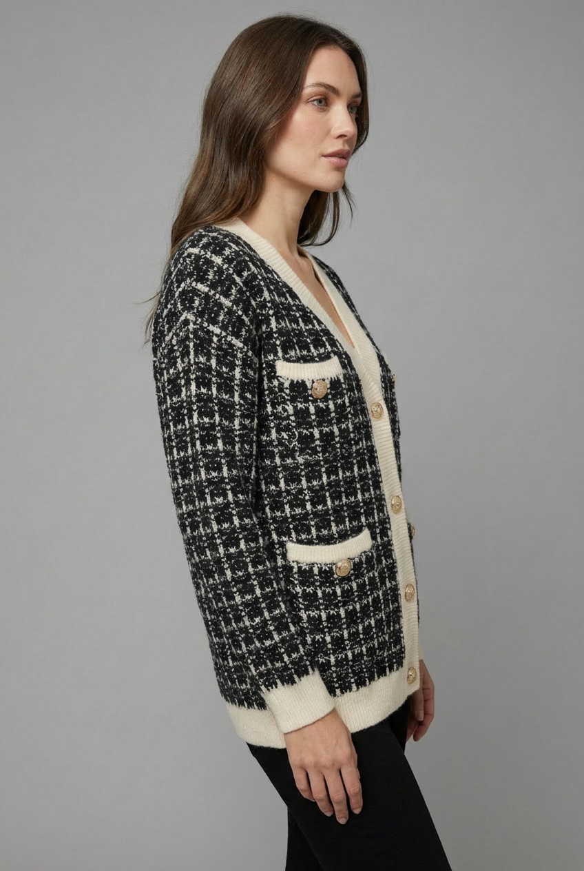 CRISTAL | TWEED-STYLE V-NECK CARDIGAN - Black