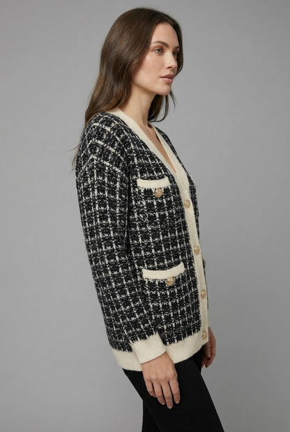 CRISTAL | TWEED-STYLE V-NECK CARDIGAN - Black