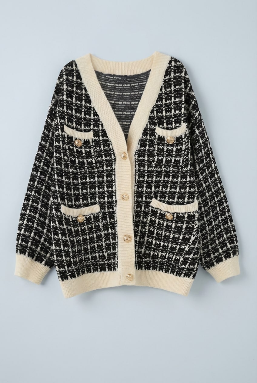CRISTAL | TWEED-STYLE V-NECK CARDIGAN - Black