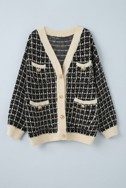 CRISTAL | TWEED-STYLE V-NECK CARDIGAN - Black