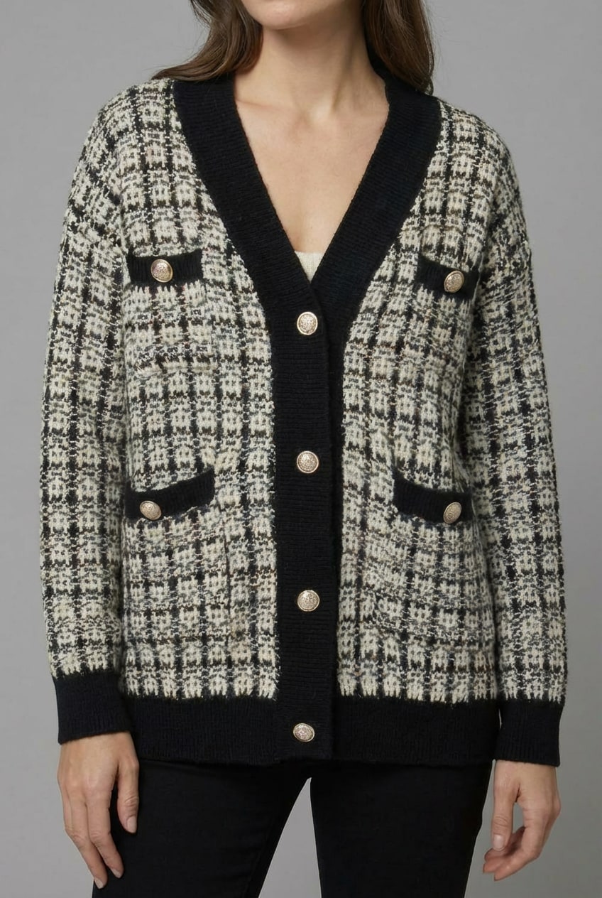 CRISTAL | TWEED-STYLE V-NECK CARDIGAN - Black