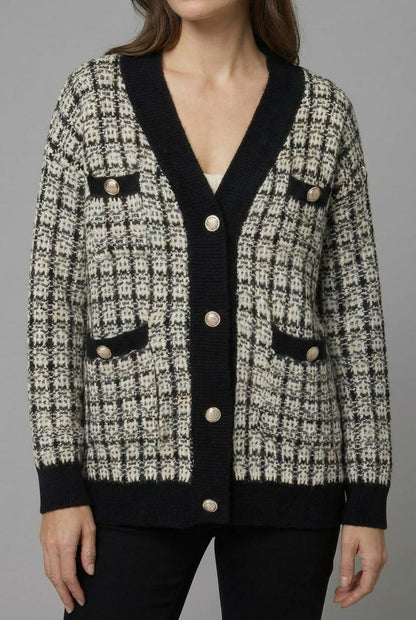 CRISTAL | TWEED-STYLE V-NECK CARDIGAN - Black
