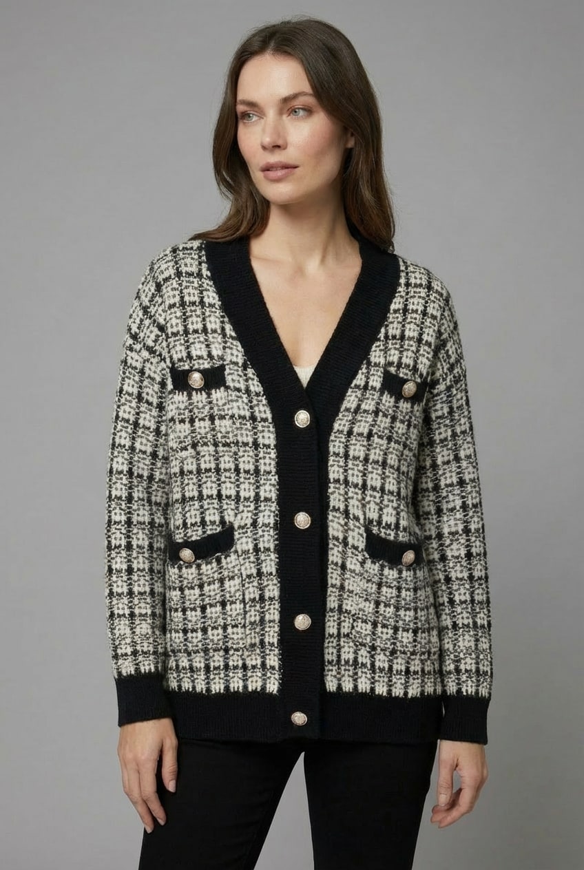 CRISTAL | TWEED-STYLE V-NECK CARDIGAN - Black