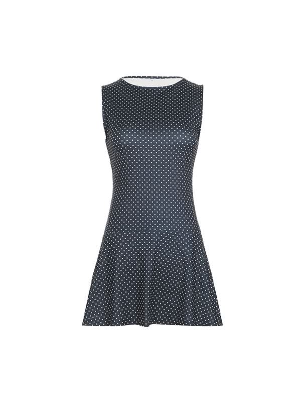 Flat lay product shot of navy white polka dot mini dress with round neckline