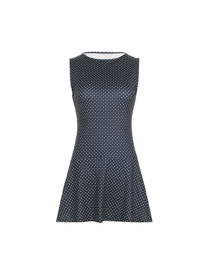 Flat lay product shot of navy white polka dot mini dress with round neckline