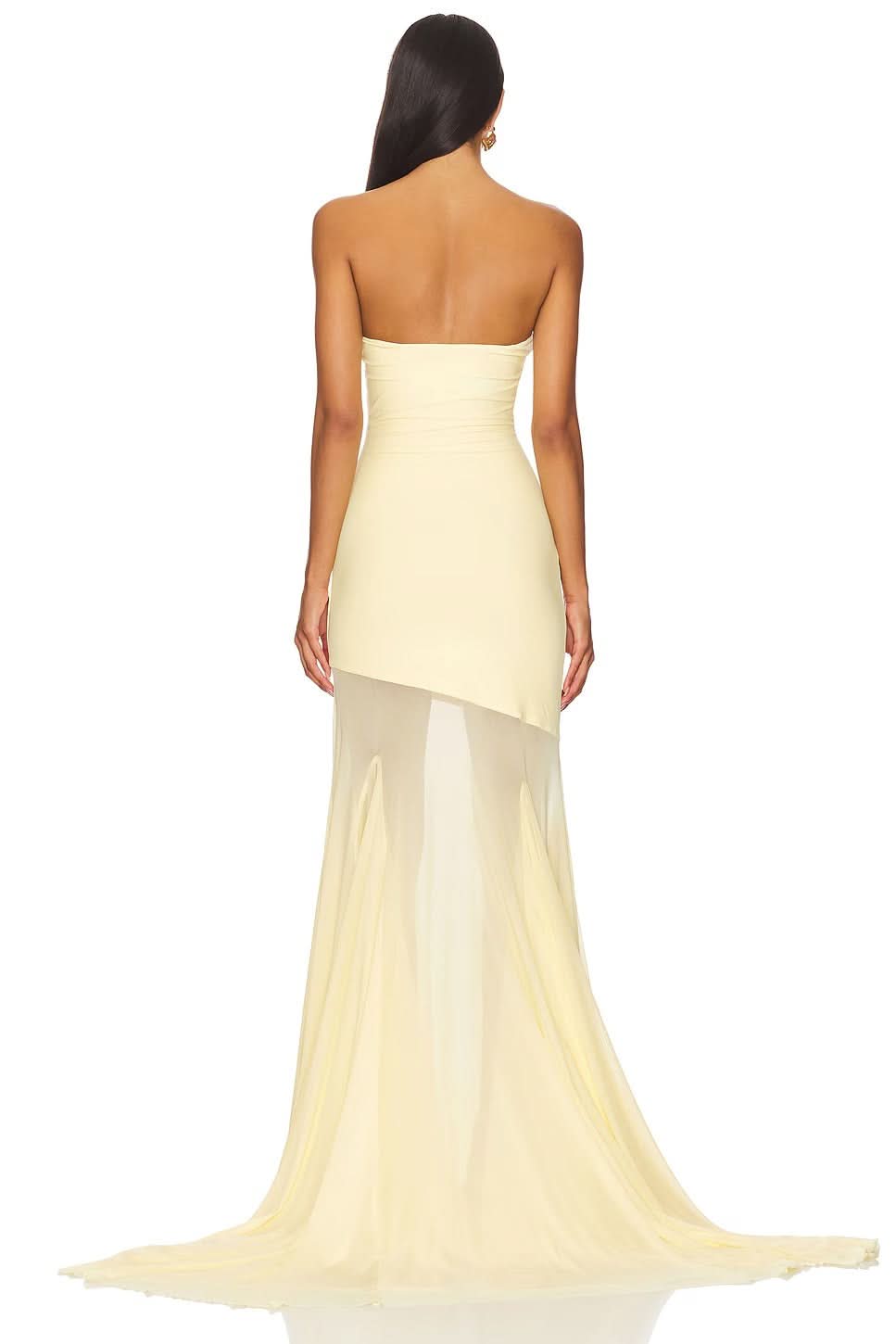 Back view of cream strapless evening gown with asymmetrical sheer overlay