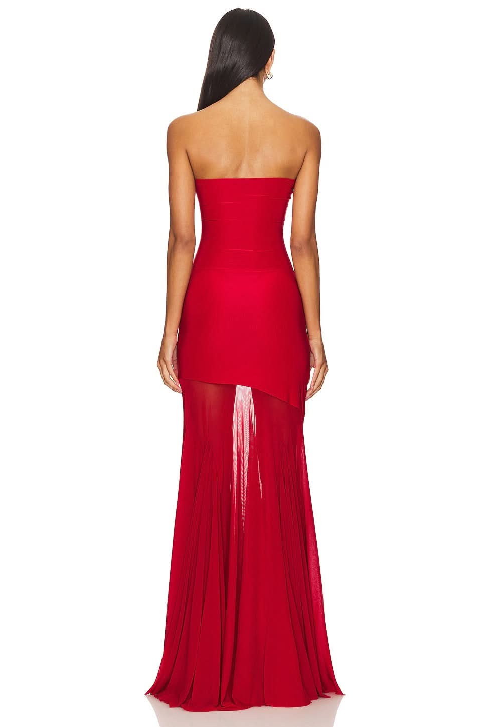 Red strapless formal gown with fitted bodice and pleated mesh train