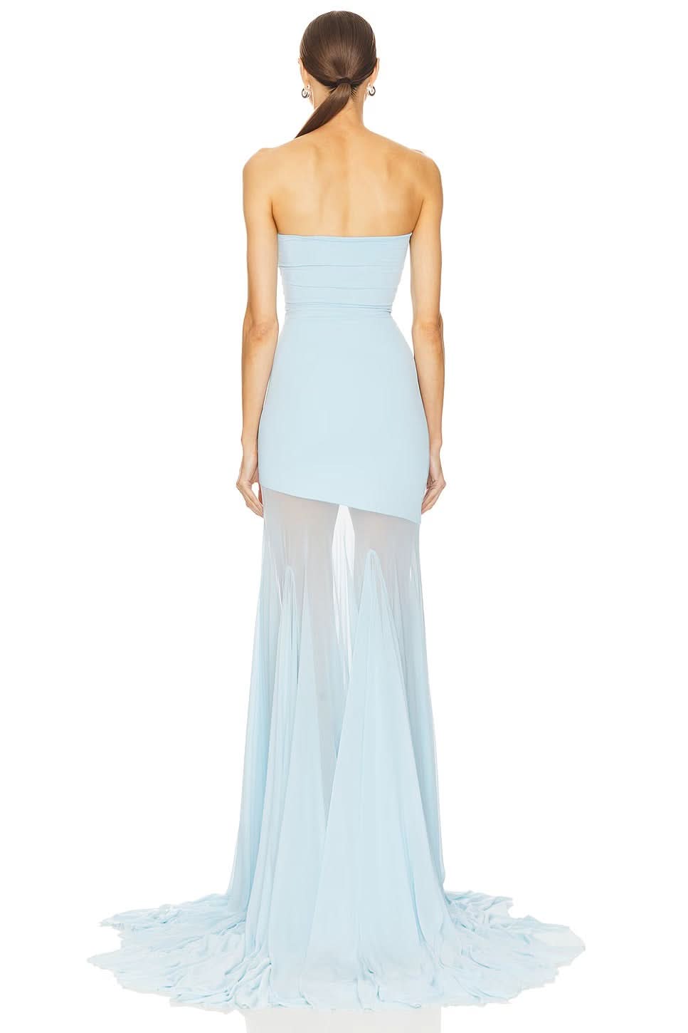 Light blue strapless evening gown with ruched bodice and flowing tulle skirt