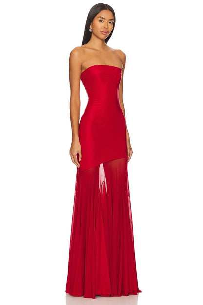 Red strapless formal maxi dress with fitted bodice and flowing mesh skirt