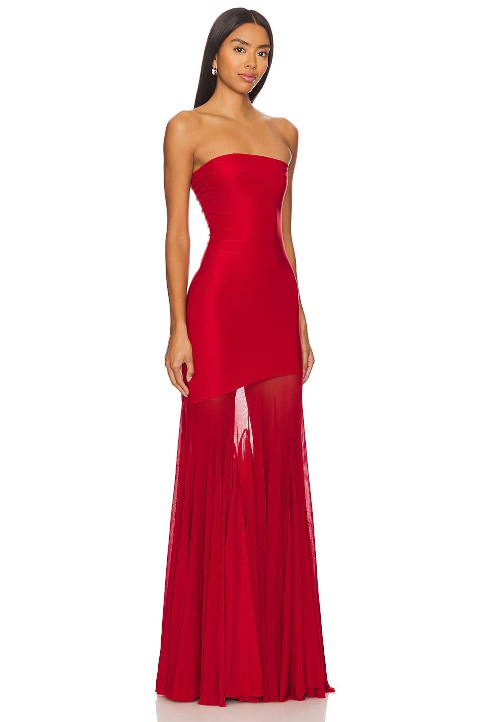 Red strapless formal maxi dress with fitted bodice and flowing mesh skirt