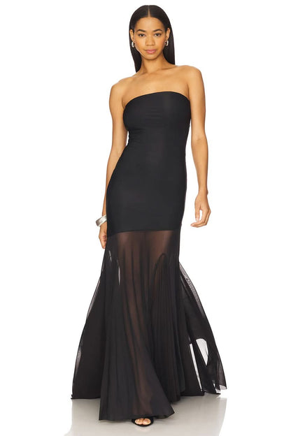 Black strapless maxi gown with fitted bodice and sheer pleated train