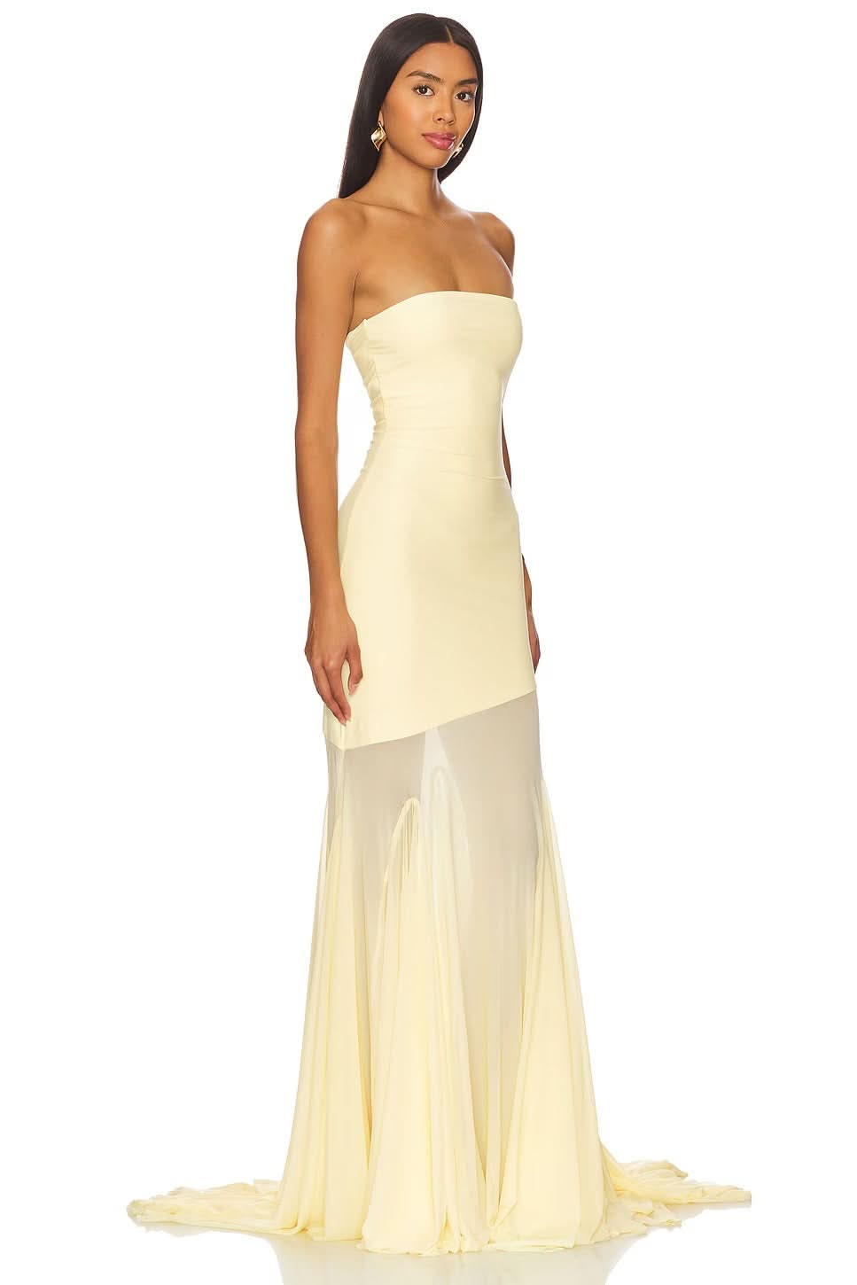 Cream strapless maxi gown with ruched bodice and flowing sheer skirt