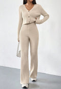 DAIRA | RIBBED KNIT CARDIGAN FLARE PANTS SET - Oatmeal