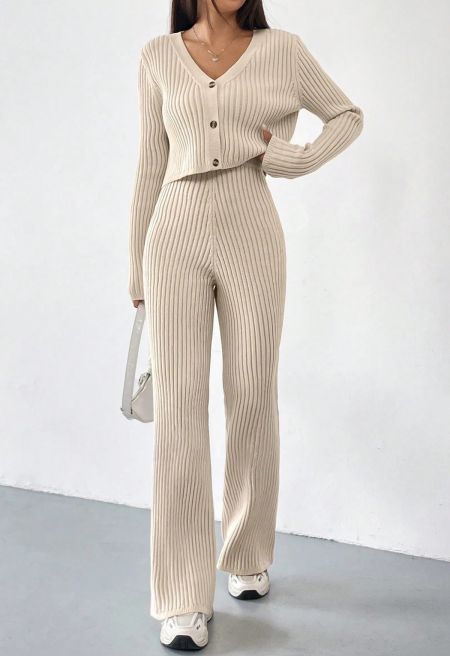 DAIRA | RIBBED KNIT CARDIGAN FLARE PANTS SET - Oatmeal