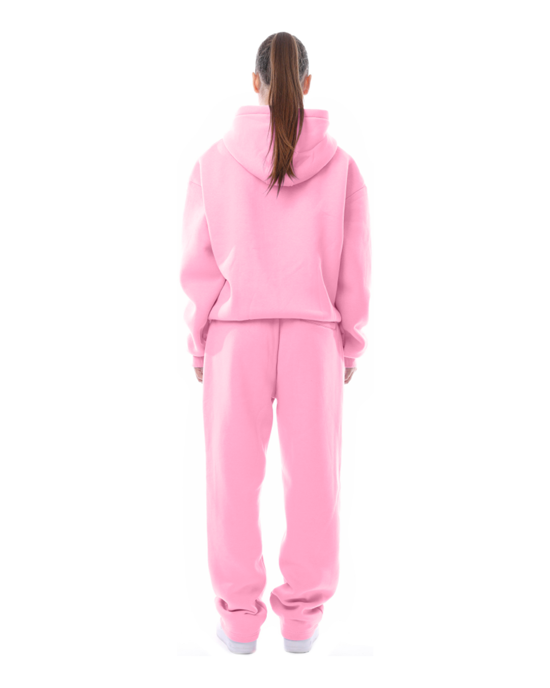 Back view of pink hoodie and joggers set showing hood and seaming