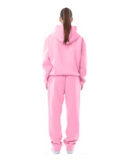 Back view of pink hoodie and joggers set showing hood and seaming
