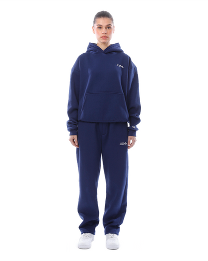 Navy blue unisex hoodie with joggers front view complete set