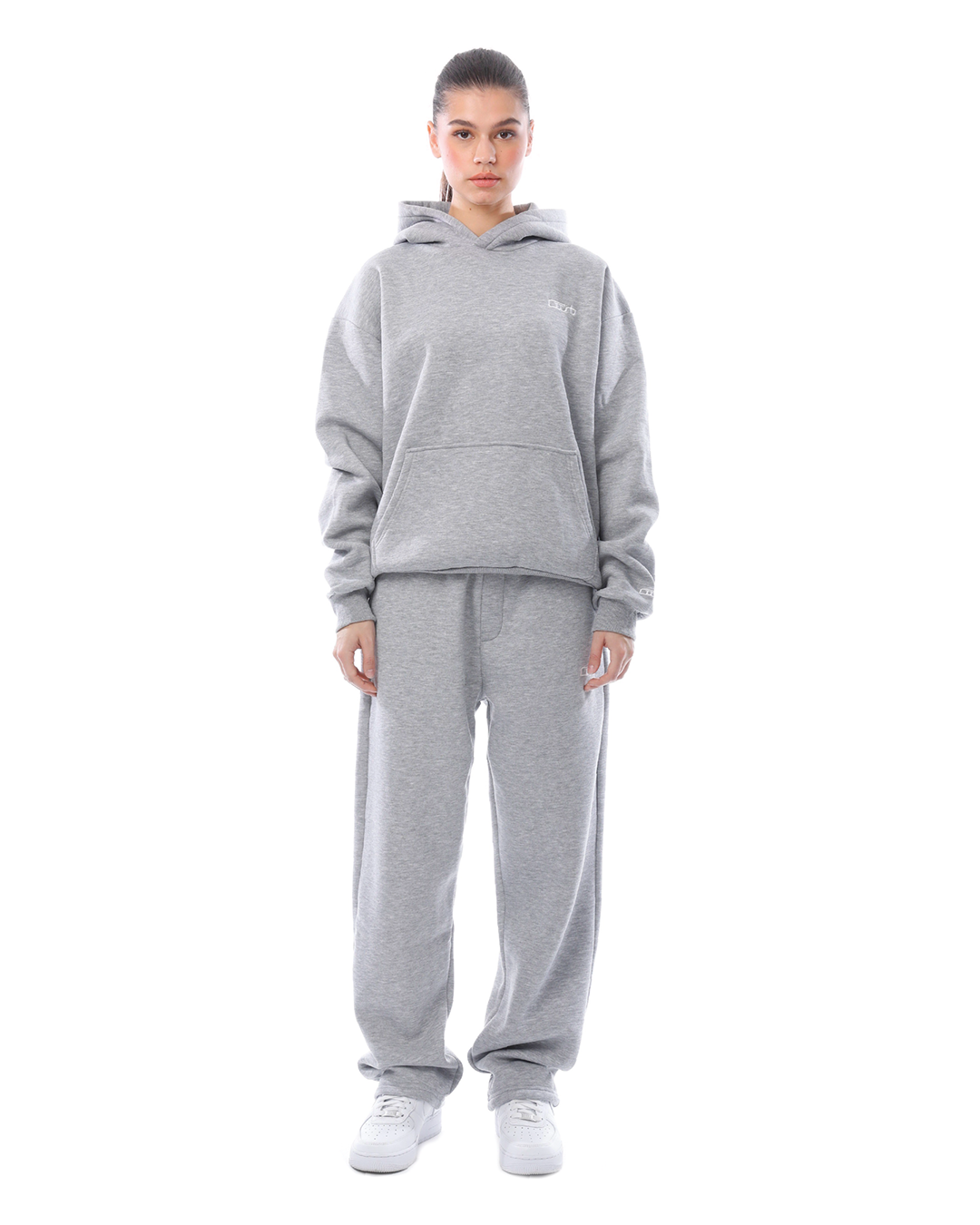 Heather gray unisex hoodie with free joggers front view