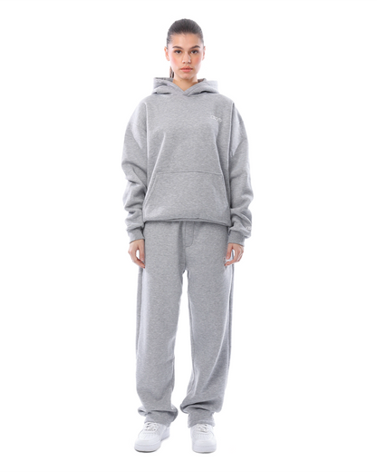 Heather gray unisex hoodie with free joggers front view