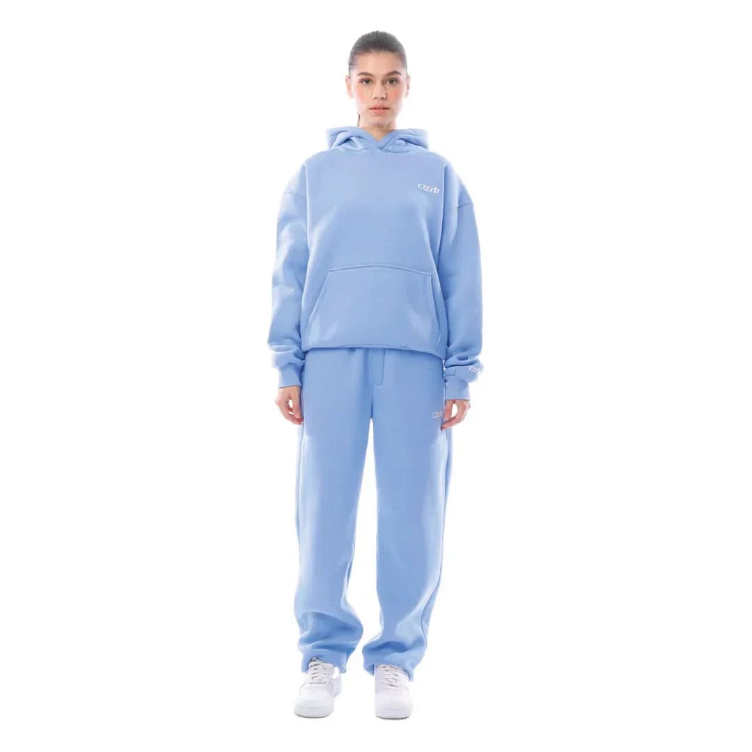 Light blue unisex hoodie with matching joggers front view