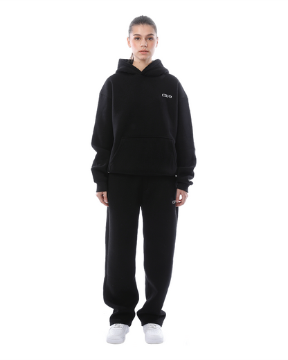 Black unisex hoodie with free joggers front view complete outfit