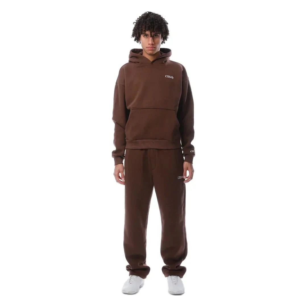 Brown unisex hoodie and joggers set front view