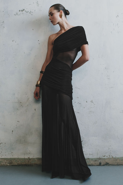Black off-shoulder maxi dress with ruched bodice and sheer midriff panel