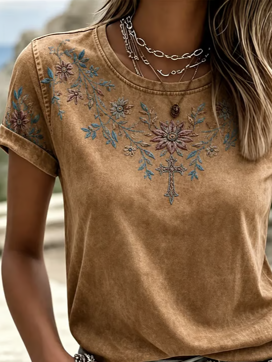 DANAE | EMBROIDERED LINEN TOP - Camel Brown