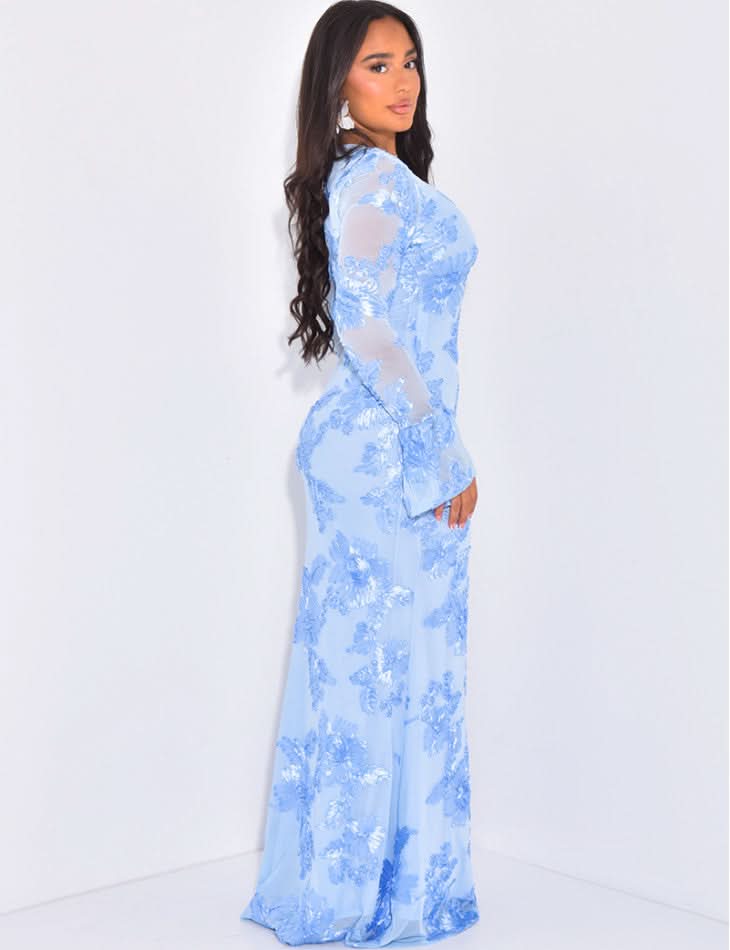 Back view of light blue sequin floral maxi dress with sheer long sleeves