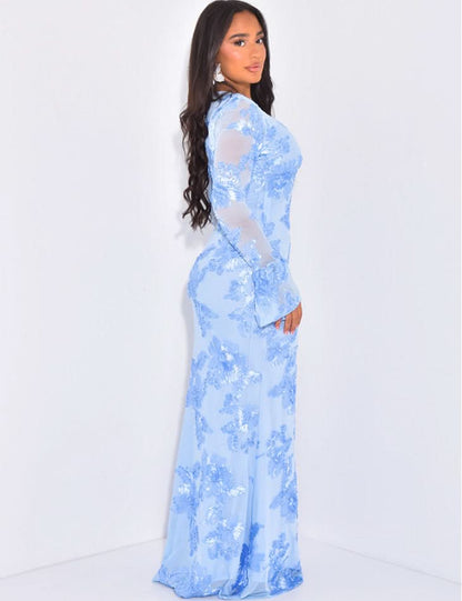 Back view of light blue sequin floral maxi dress with sheer long sleeves