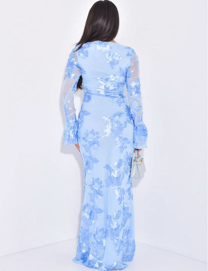 Rear side view of light blue floral sequin maxi dress with bell sleeve detail
