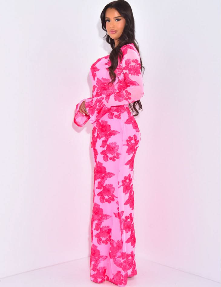 pink floral sequin maxi dress with long sleeves and fitted silhouette