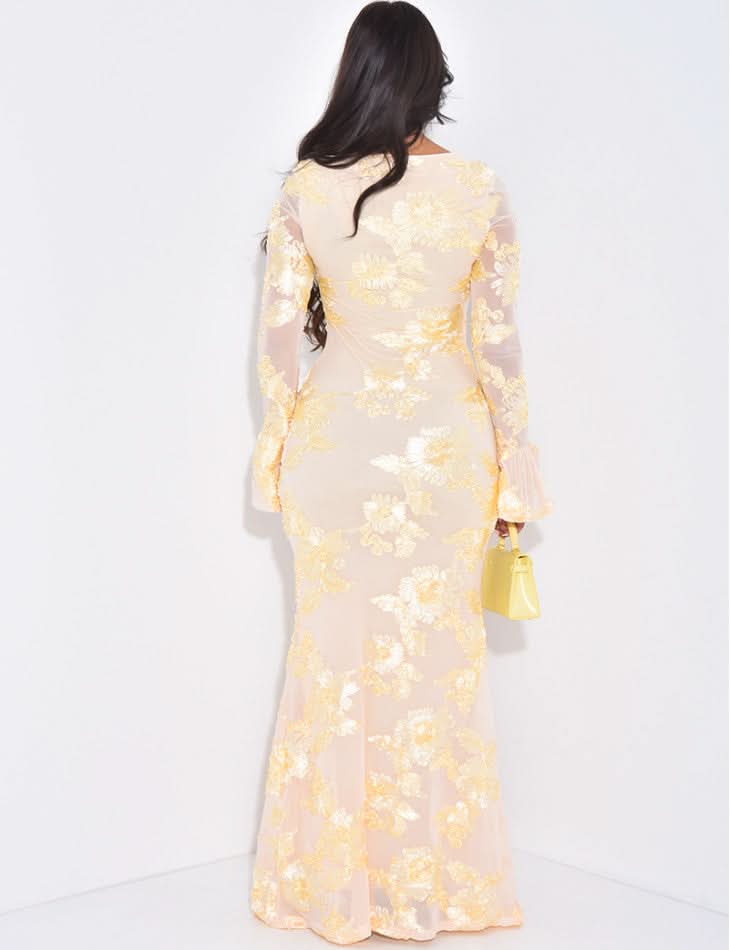 Cream beige floral sequin maxi dress with long bell sleeves, back view