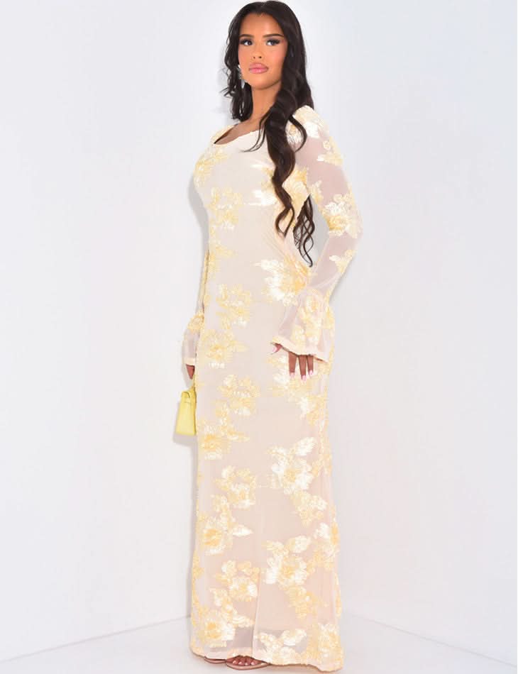 Cream beige sequin floral maxi dress with long sleeves and scoop neckline, front view