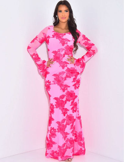 pink sequin floral maxi dress with long sleeves, full-length front view