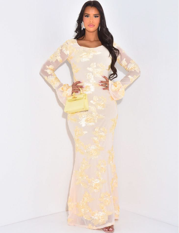 Cream beige sequin floral maxi dress with long sleeves, front view with yellow bag