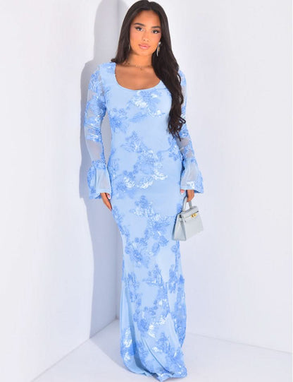 Light blue floral sequin maxi dress with long bell sleeves and scoop neckline