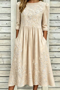 DARINA | FLORAL ROUND NECK MIDI DRESS - Beige Floral