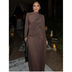 DAVIDA | DRAPED RUCHED LONG SLEEVE MAXI DRESS - Mocha Brown