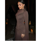 DAVIDA | DRAPED RUCHED LONG SLEEVE MAXI DRESS - Mocha Brown