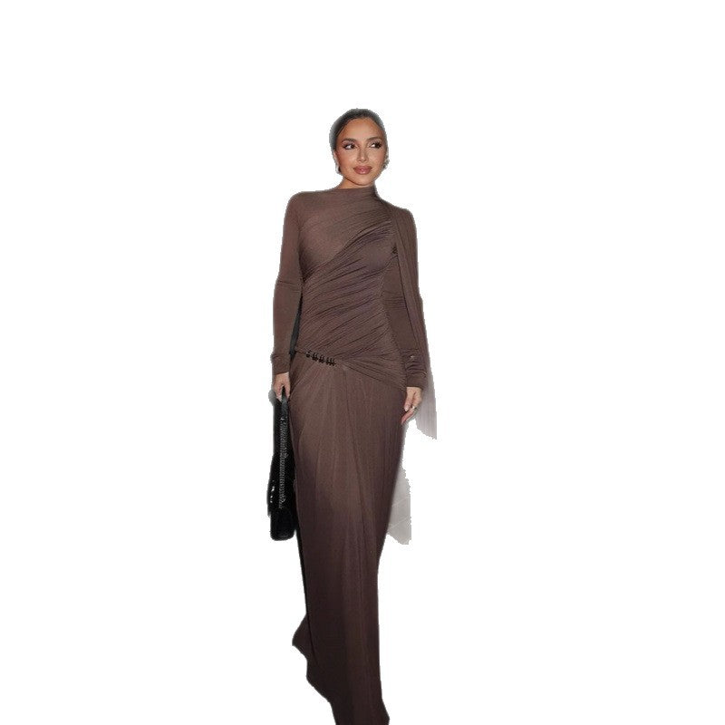 DAVIDA | DRAPED RUCHED LONG SLEEVE MAXI DRESS - Mocha Brown