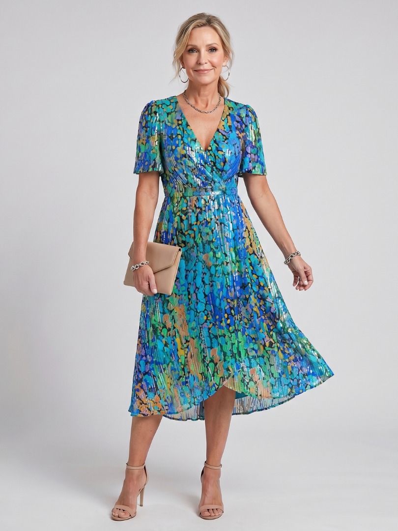 DAWN | FLUTTER SLEEVE FLORAL MIDI DRESS - Blue Green Print