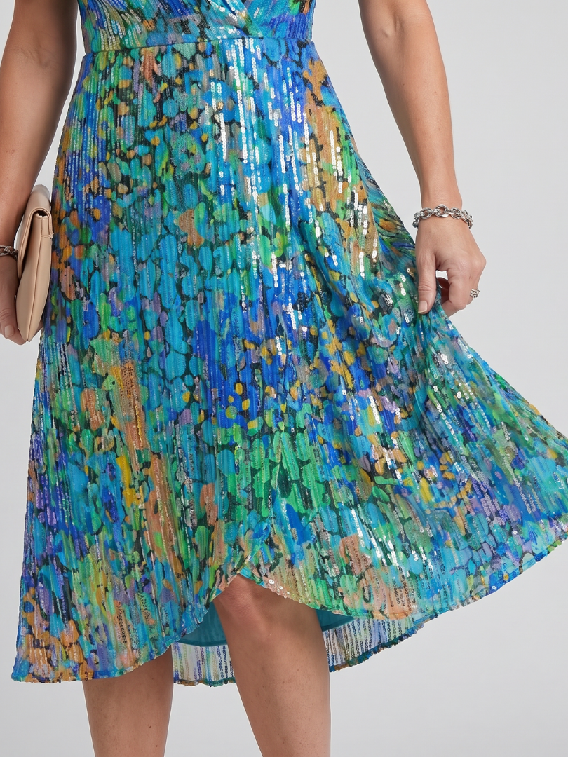 DAWN | FLUTTER SLEEVE FLORAL MIDI DRESS - Blue Green Print