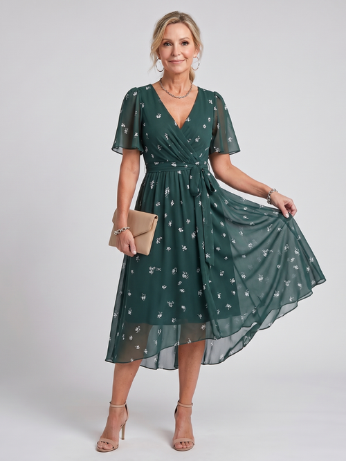 DAWN | FLUTTER SLEEVE FLORAL MIDI DRESS - Dark Green Floral