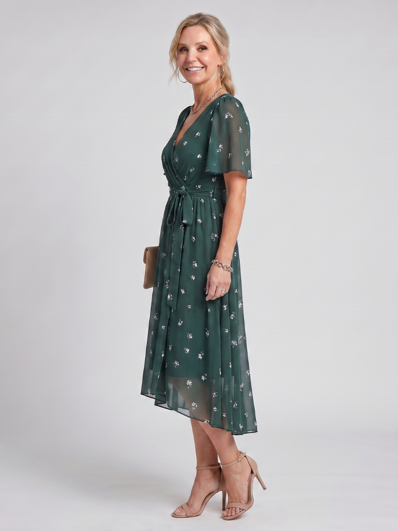 DAWN | FLUTTER SLEEVE FLORAL MIDI DRESS - Dark Green Floral