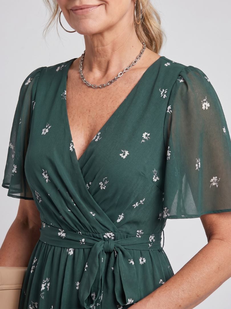DAWN | FLUTTER SLEEVE FLORAL MIDI DRESS - Dark Green Floral