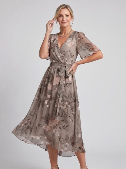 DAWN | FLUTTER SLEEVE FLORAL MIDI DRESS - Gray Floral