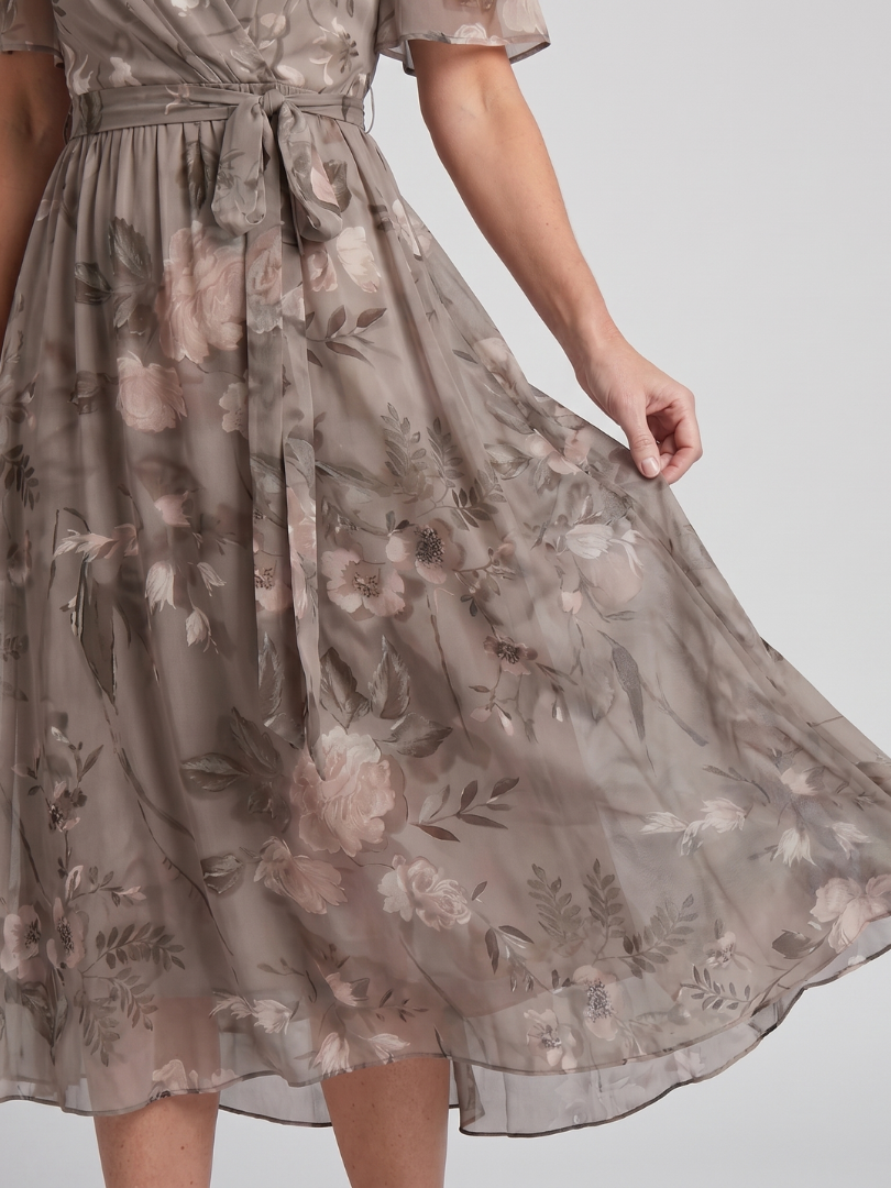 DAWN | FLUTTER SLEEVE FLORAL MIDI DRESS - Gray Floral